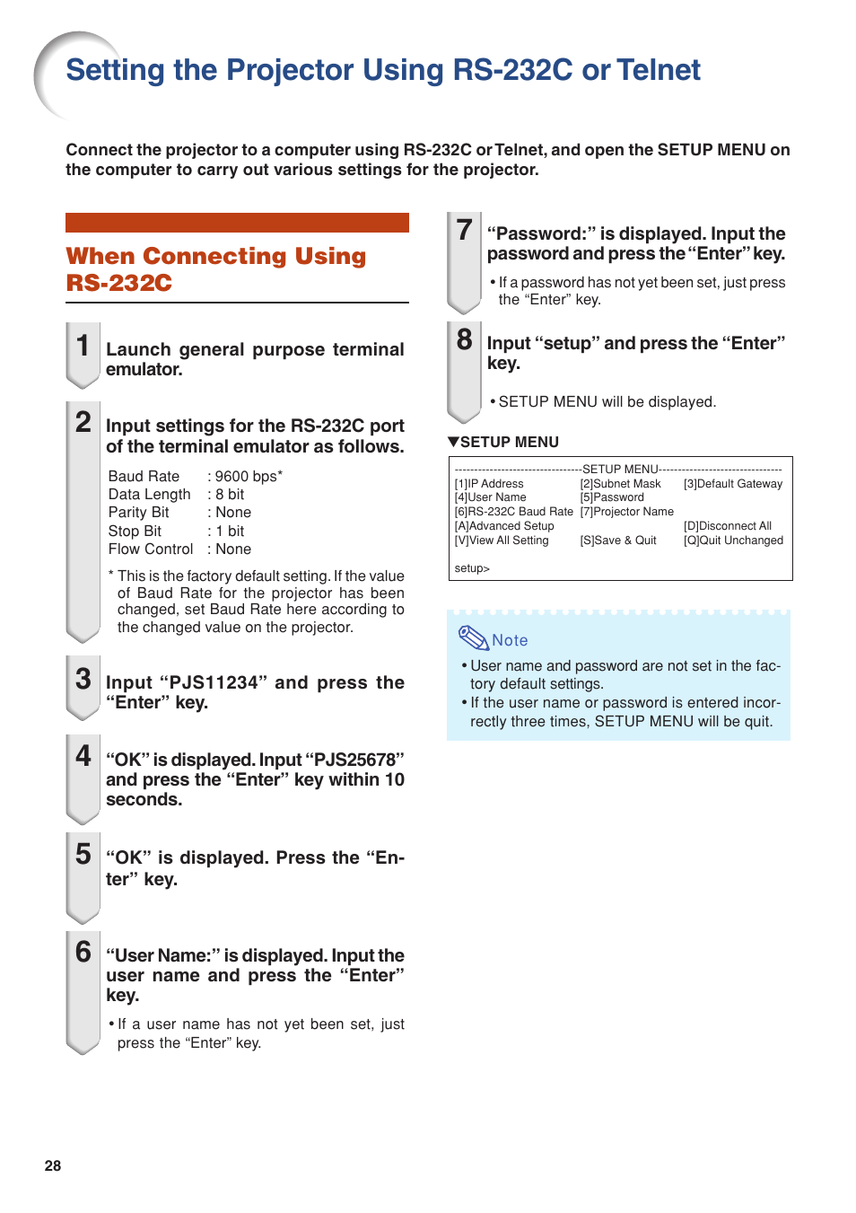 Setting the projector using rs-232c or telnet, When connecting using rs-232c | Eiki/Elf EIP-4500 User Manual | Page 28 / 54