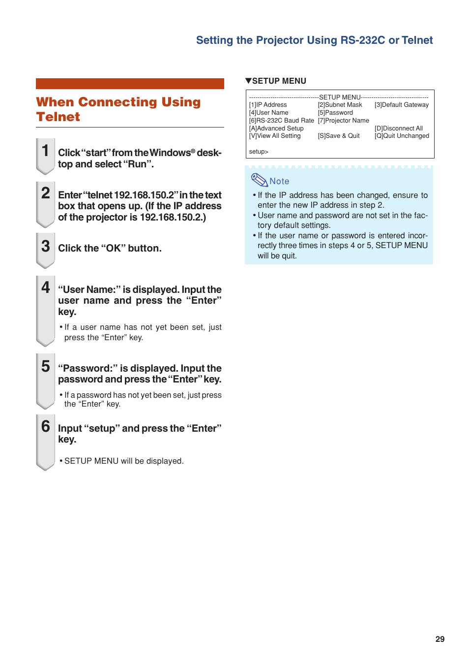 When connecting using telnet, Setting the projector using rs-232c or telnet | Eiki/Elf EIP-4500 User Manual | Page 29 / 54