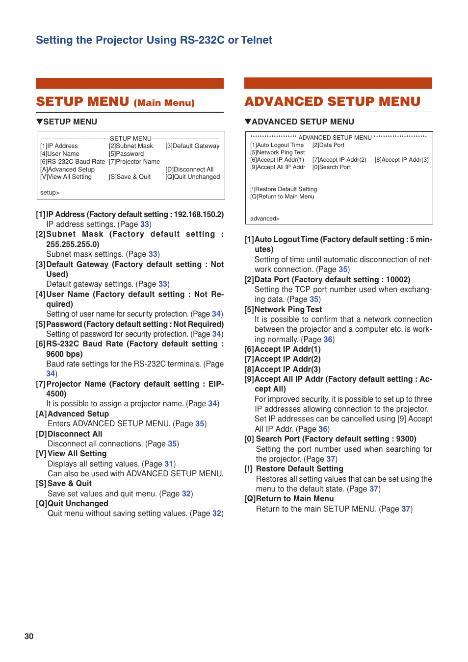 Setup menu, Advanced setup menu, Setting the projector using rs-232c or telnet | Eiki/Elf EIP-4500 User Manual | Page 30 / 54