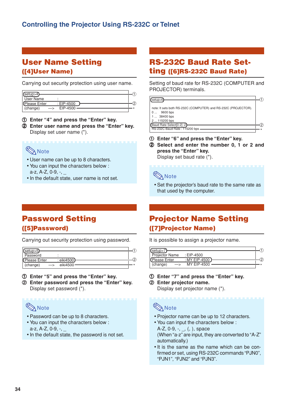 User name setting, Password setting, Rs-232c baud rate set- ting | Projector name setting, Controlling the projector using rs-232c or telnet, 4]user name), 5]password), 6]rs-232c baud rate), 7]projector name) | Eiki/Elf EIP-4500 User Manual | Page 34 / 54