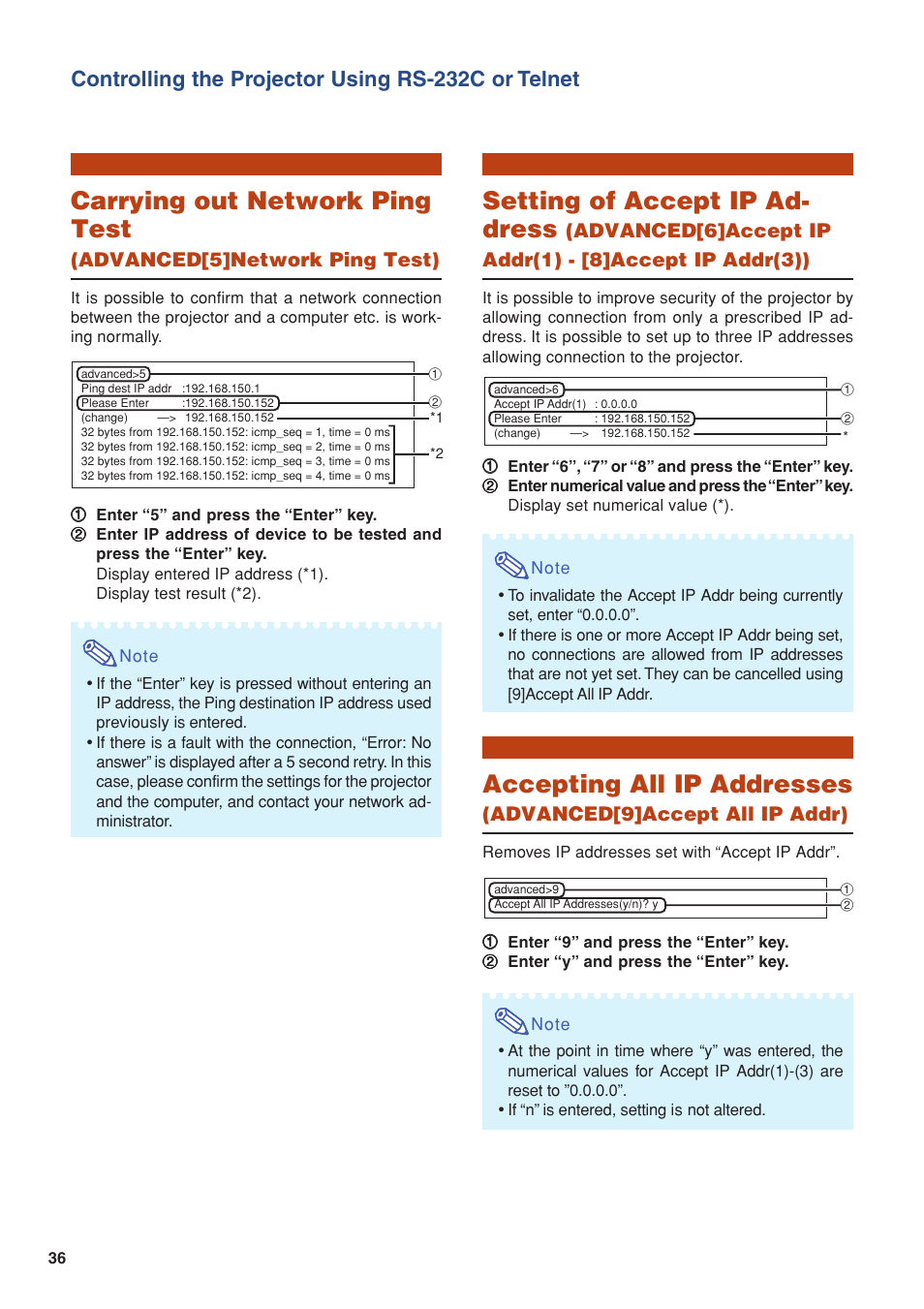 Carrying out network ping test, Setting of accept ip ad- dress, Accepting all ip addresses | Controlling the projector using rs-232c or telnet, Advanced[5]network ping test), Advanced[9]accept all ip addr) | Eiki/Elf EIP-4500 User Manual | Page 36 / 54