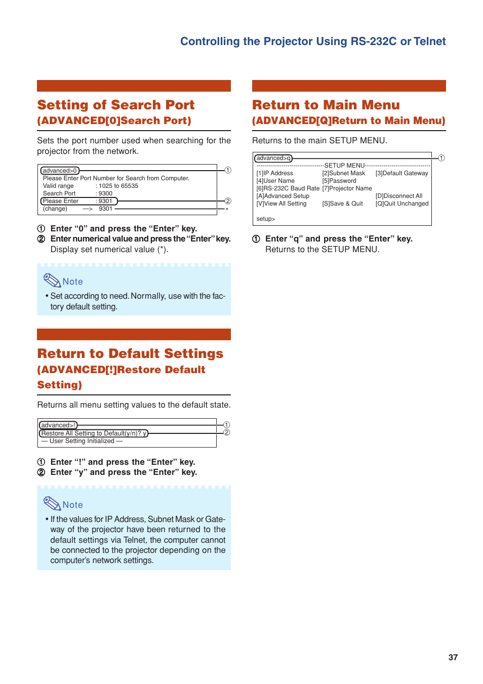 Setting of search port, Return to default settings, Return to main menu | Controlling the projector using rs-232c or telnet, Advanced[0]search port), Advanced[!]restore default setting), Advanced[q]return to main menu) | Eiki/Elf EIP-4500 User Manual | Page 37 / 54