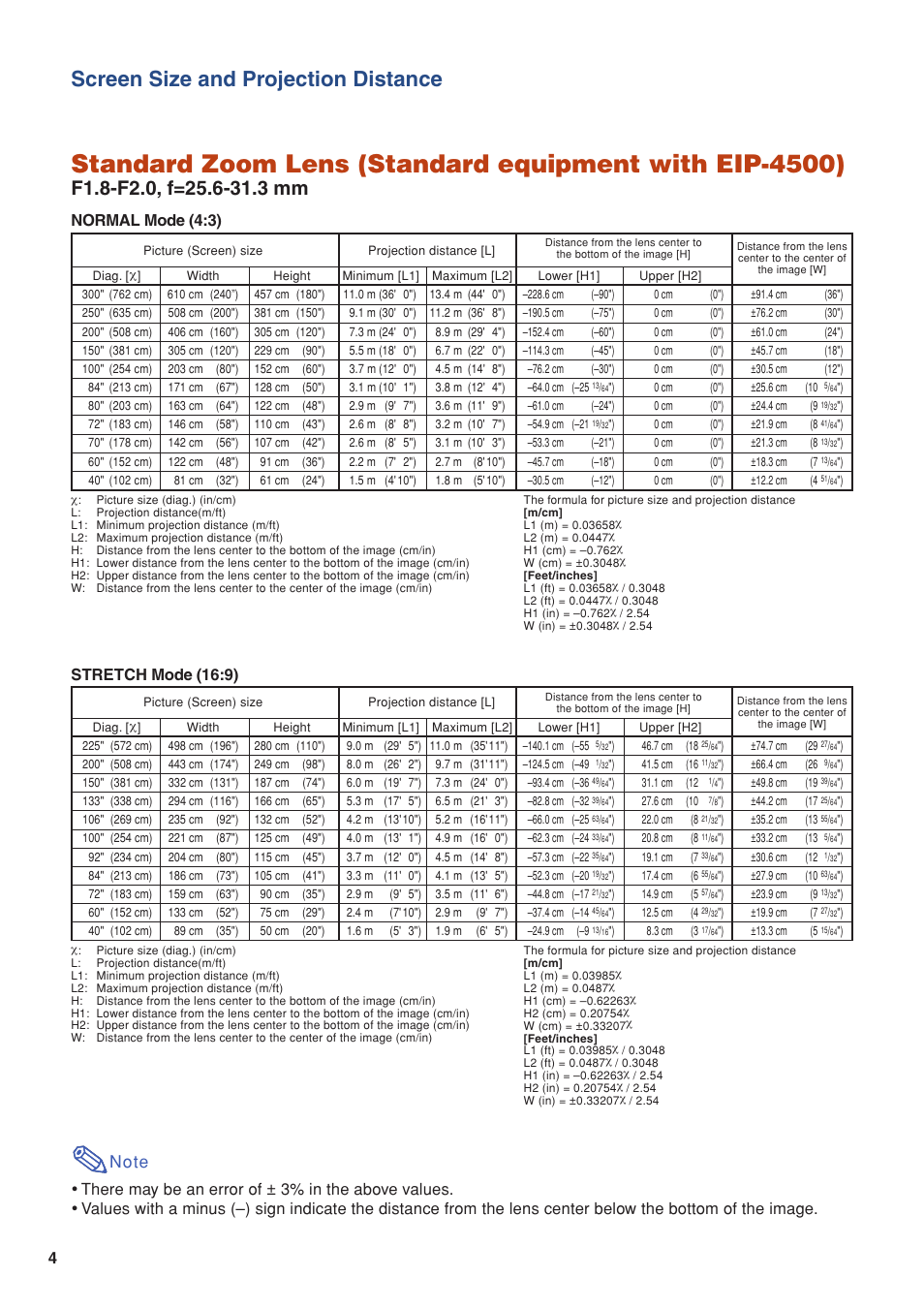 Screen size and projection distance, Normal mode (4:3), Stretch mode (16:9) | Eiki/Elf EIP-4500 User Manual | Page 4 / 54