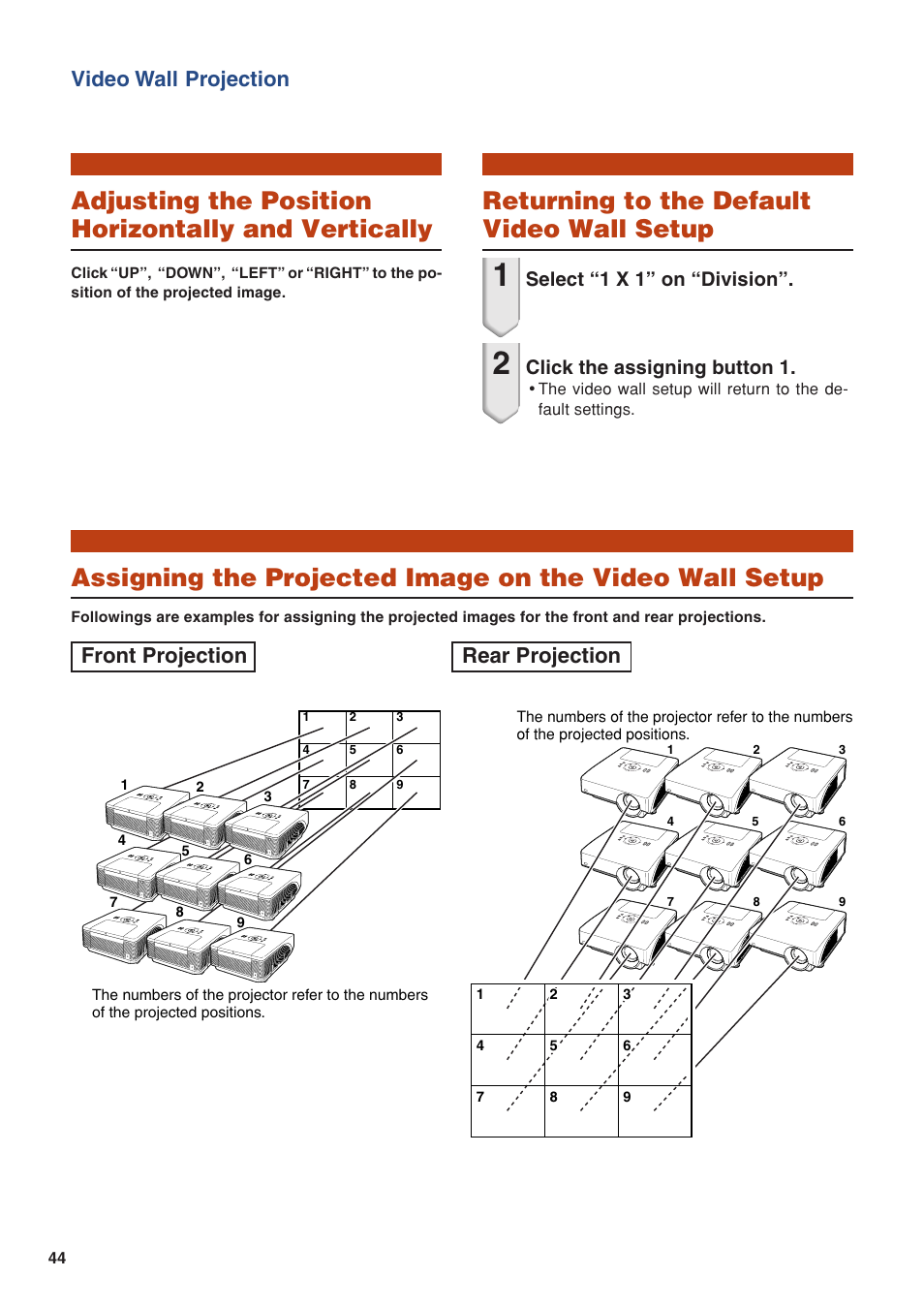 Adjusting the position horizontally and vertically, Returning to the default video wall setup, Video wall projection | Front projection rear projection, Select “1 x 1” on “division, Click the assigning button 1 | Eiki/Elf EIP-4500 User Manual | Page 44 / 54