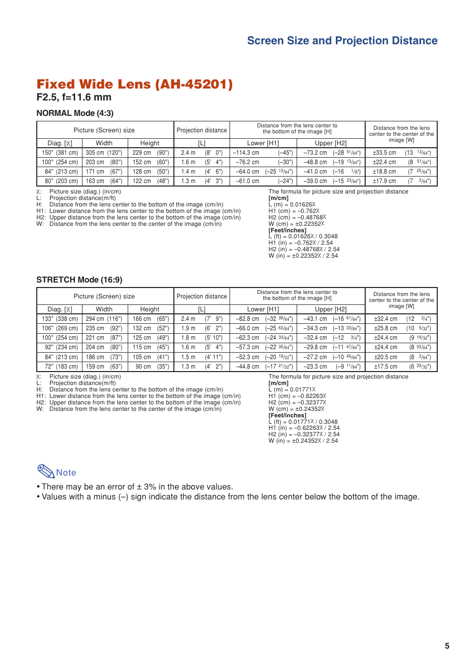Screen size and projection distance, Normal mode (4:3), Stretch mode (16:9) | Eiki/Elf EIP-4500 User Manual | Page 5 / 54