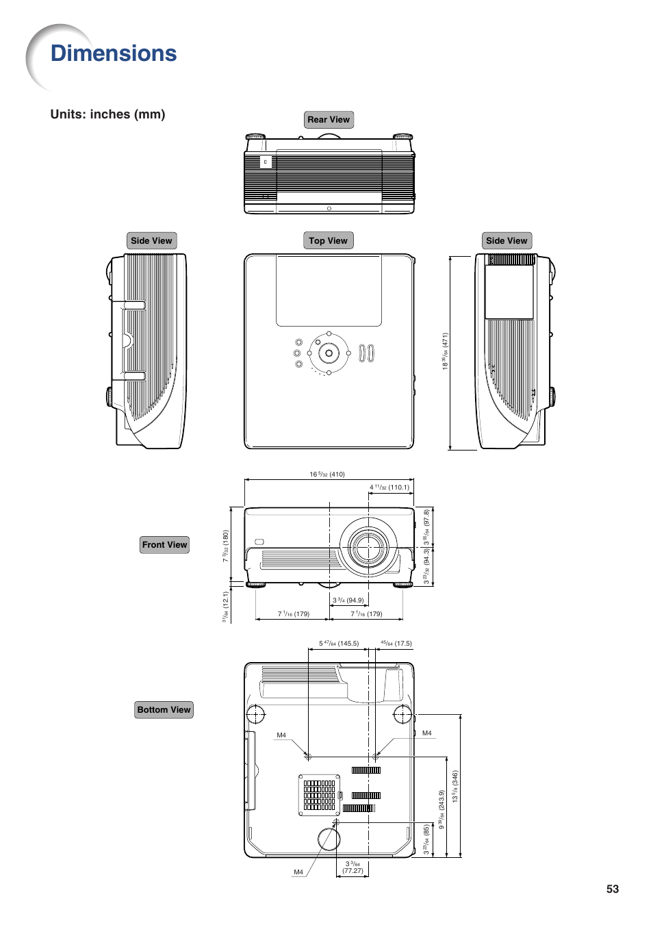 Dimensions, Units: inches (mm), Side view | Eiki/Elf EIP-4500 User Manual | Page 53 / 54