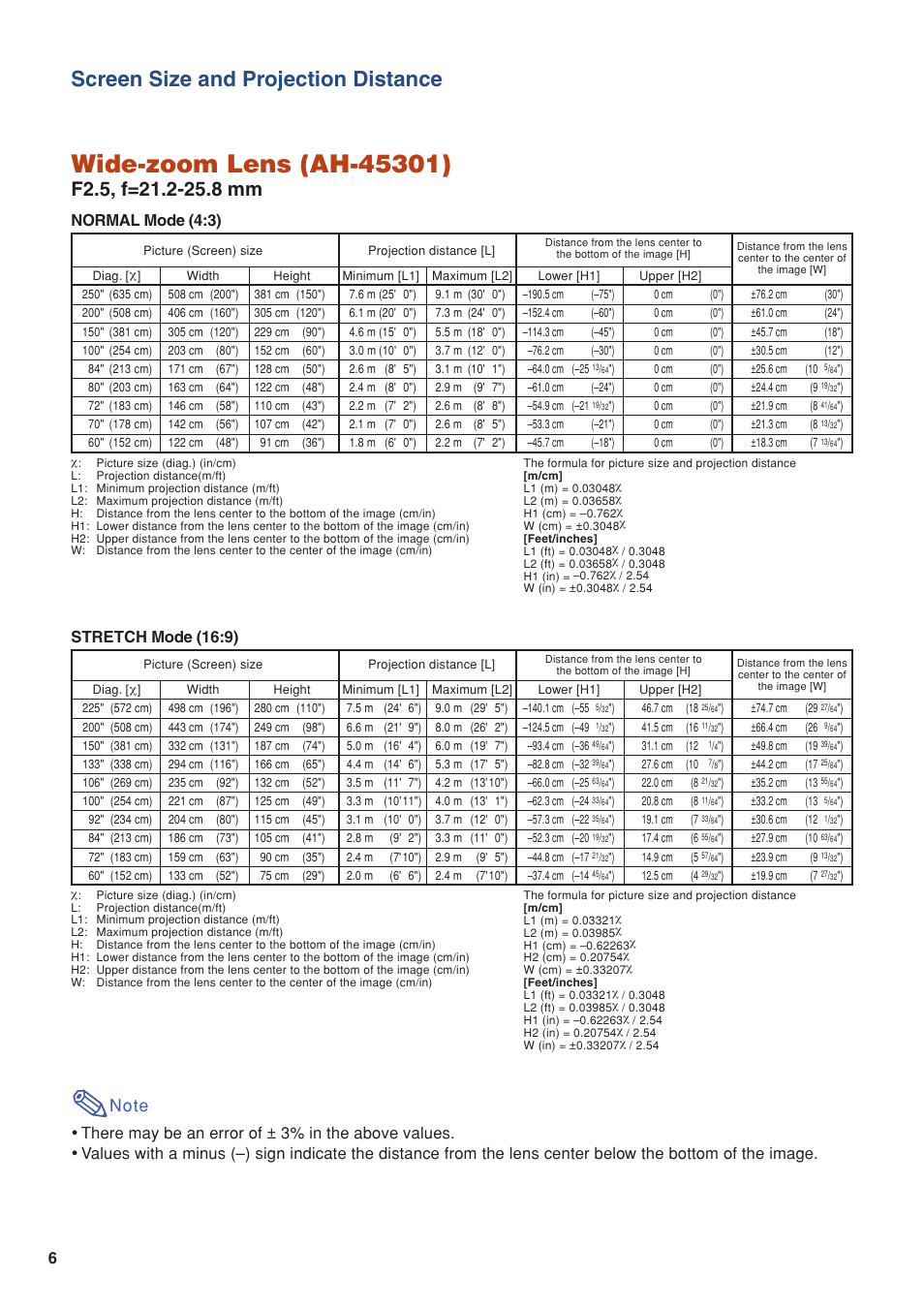 Screen size and projection distance, Normal mode (4:3), Stretch mode (16:9) | Eiki/Elf EIP-4500 User Manual | Page 6 / 54