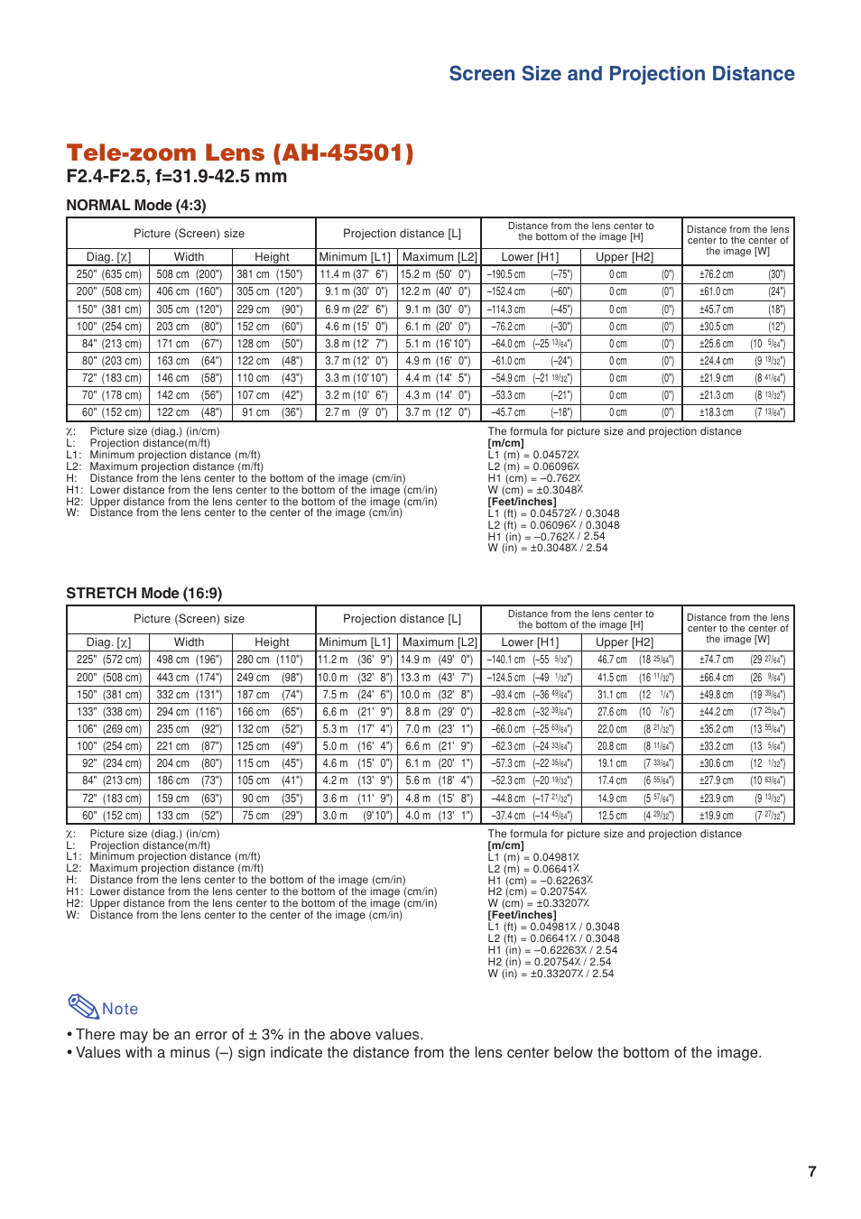 Screen size and projection distance, Stretch mode (16:9) | Eiki/Elf EIP-4500 User Manual | Page 7 / 54