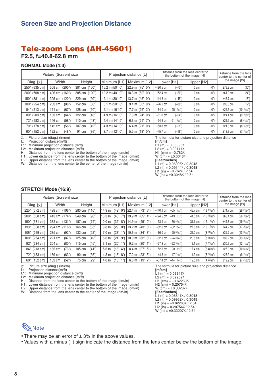 Screen size and projection distance, Stretch mode (16:9) | Eiki/Elf EIP-4500 User Manual | Page 8 / 54