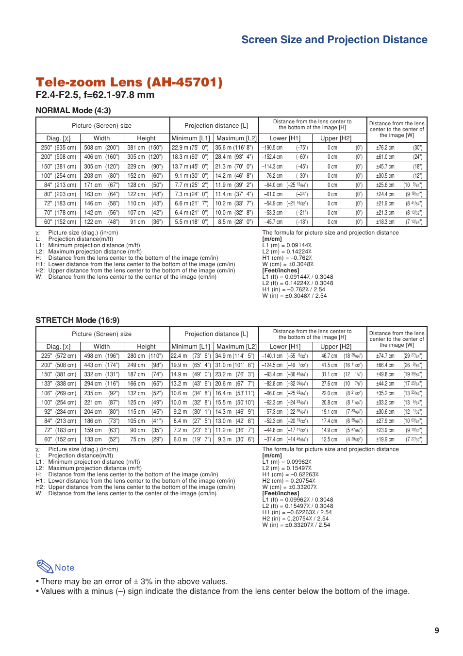 Screen size and projection distance, Stretch mode (16:9) | Eiki/Elf EIP-4500 User Manual | Page 9 / 54