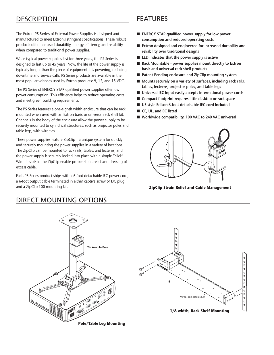 Features description direct mounting options | Extron electronic PS Series User Manual | Page 2 / 4