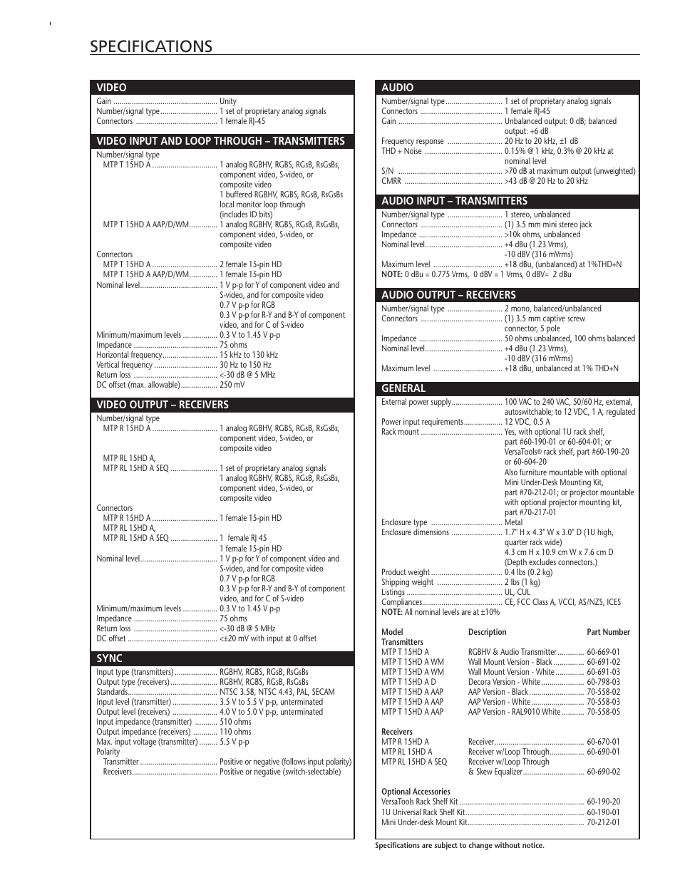 Specifications | Extron electronic MTPT 15HD AD User Manual | Page 5 / 6