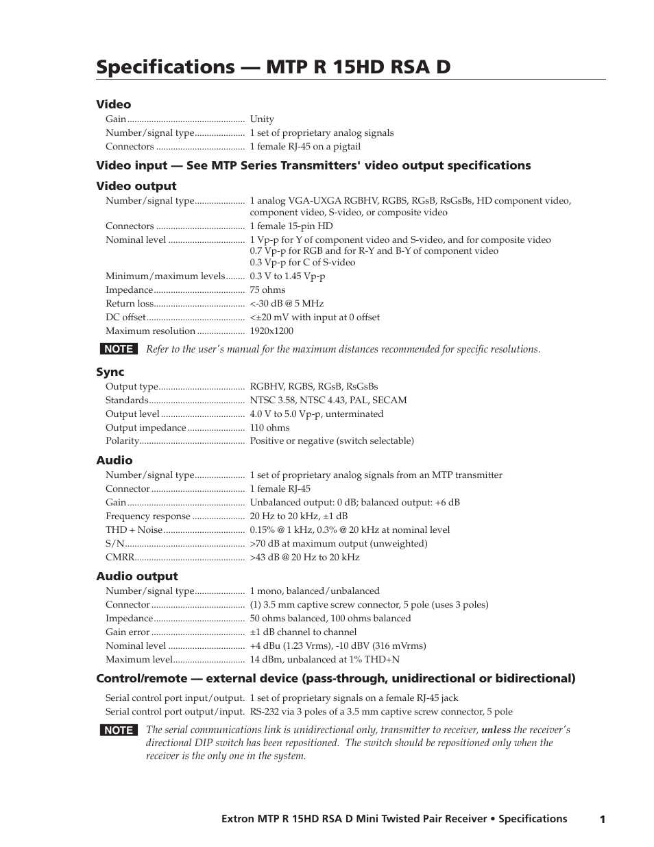 Extron electronic MTP R 15HD RSA D User Manual | 2 pages