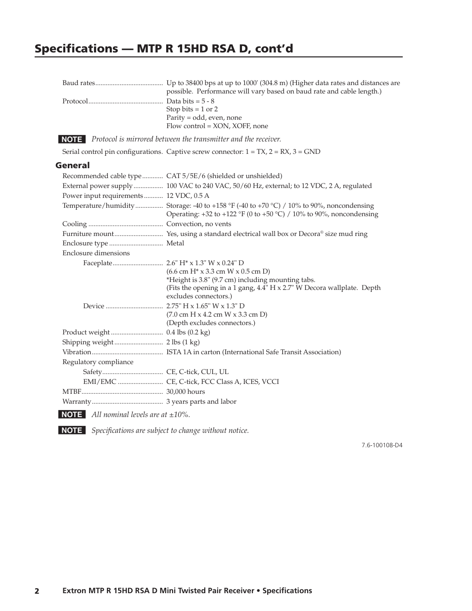 Specifications — mtp r 15hd rsa d, cont’d | Extron electronic MTP R 15HD RSA D User Manual | Page 2 / 2