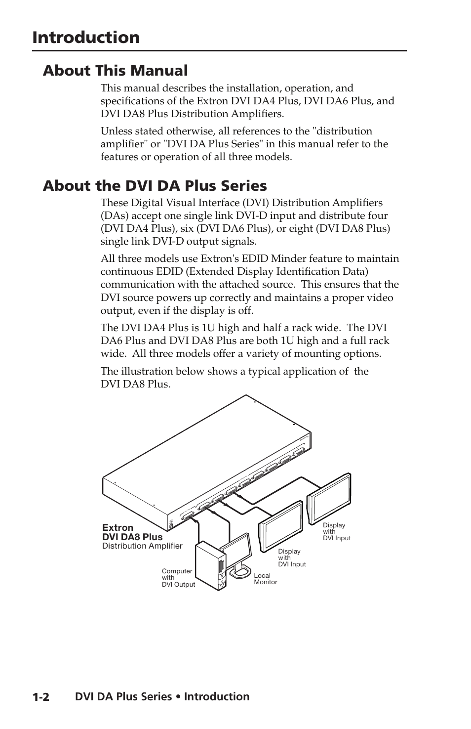 About this manual, About the dvi da plus series, Introduction | Dvi da plus series • introduction, Extron dvi da8 plus | Extron electronic Distribution Amplifiers DVI DA6 Plus User Manual | Page 10 / 30