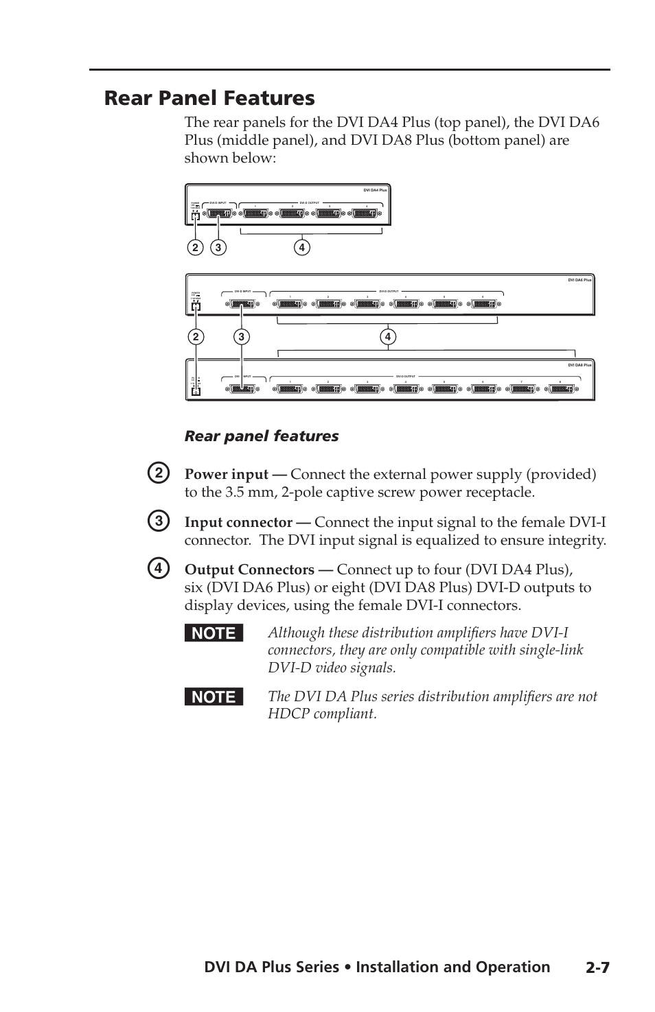 Rear panel features, Dvi da plus series • installation and operation | Extron electronic Distribution Amplifiers DVI DA6 Plus User Manual | Page 19 / 30