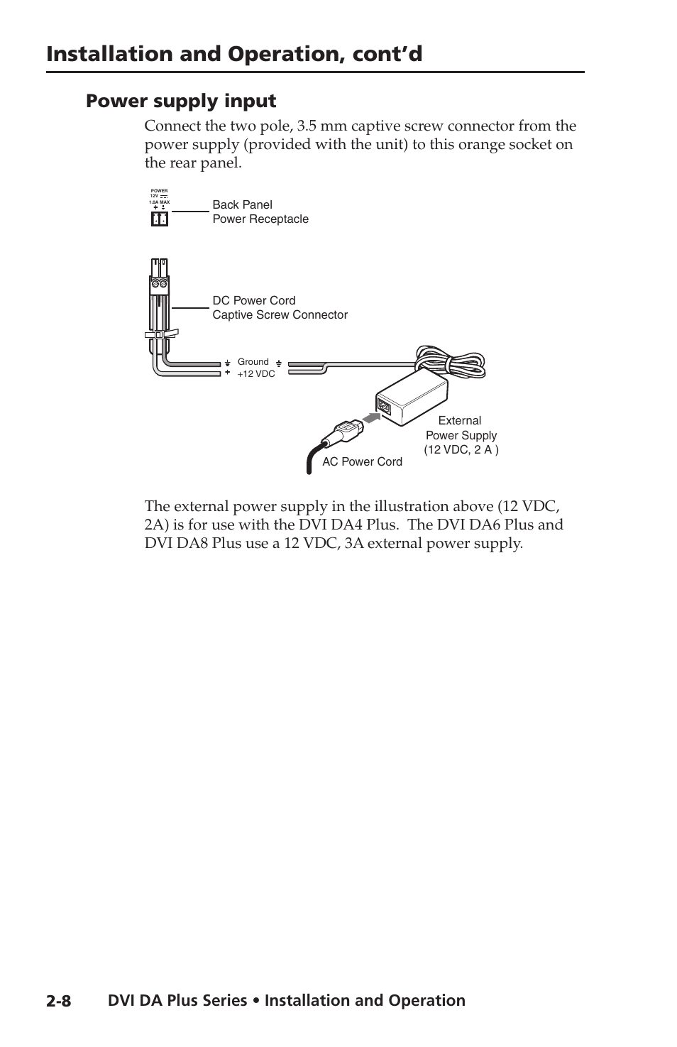 Power supply input, Installation and operation, cont’d, Dvi da plus series • installation and operation | Extron electronic Distribution Amplifiers DVI DA6 Plus User Manual | Page 20 / 30