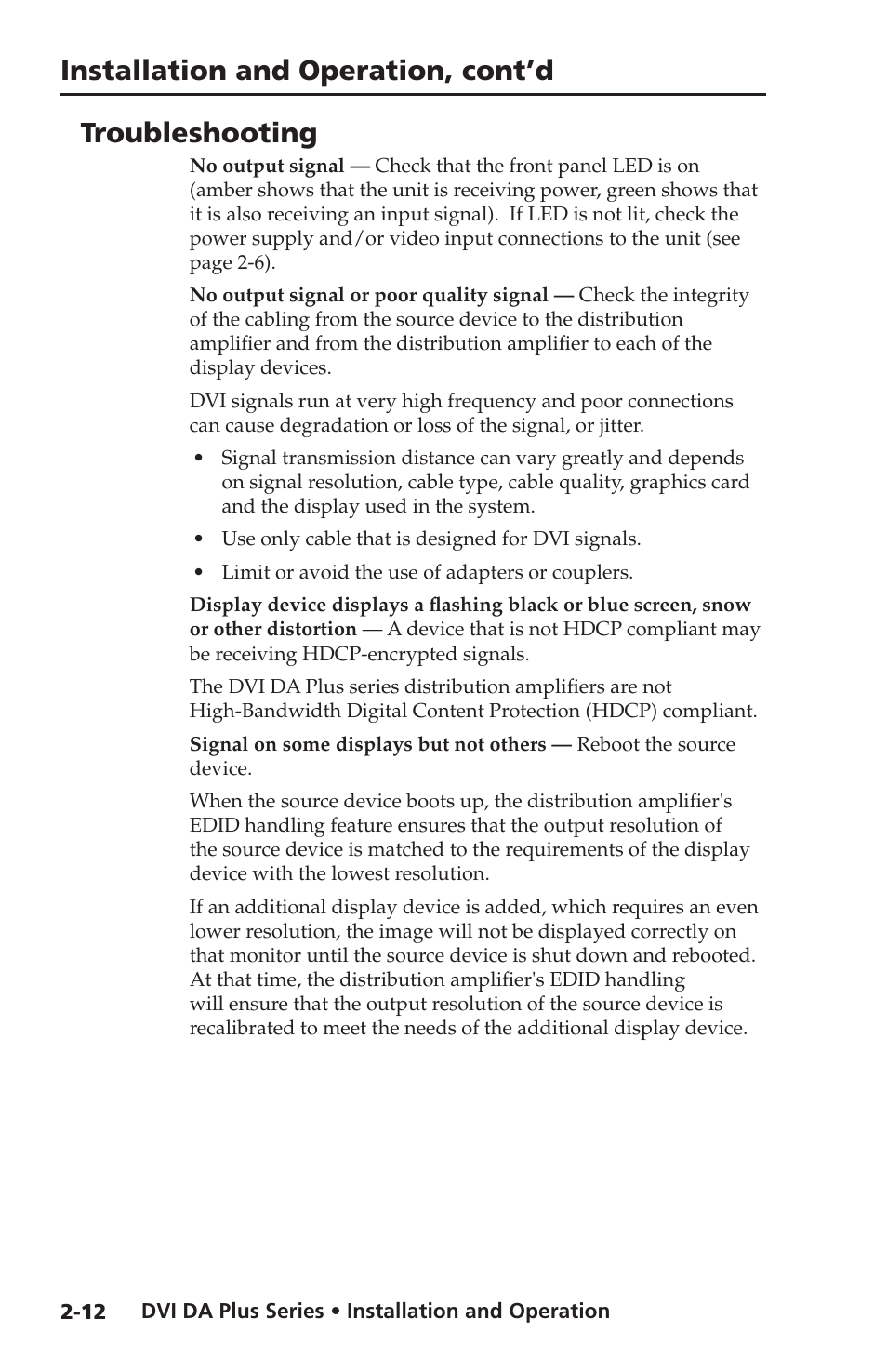 Troubleshooting, Installation and operation, cont’d | Extron electronic Distribution Amplifiers DVI DA6 Plus User Manual | Page 24 / 30