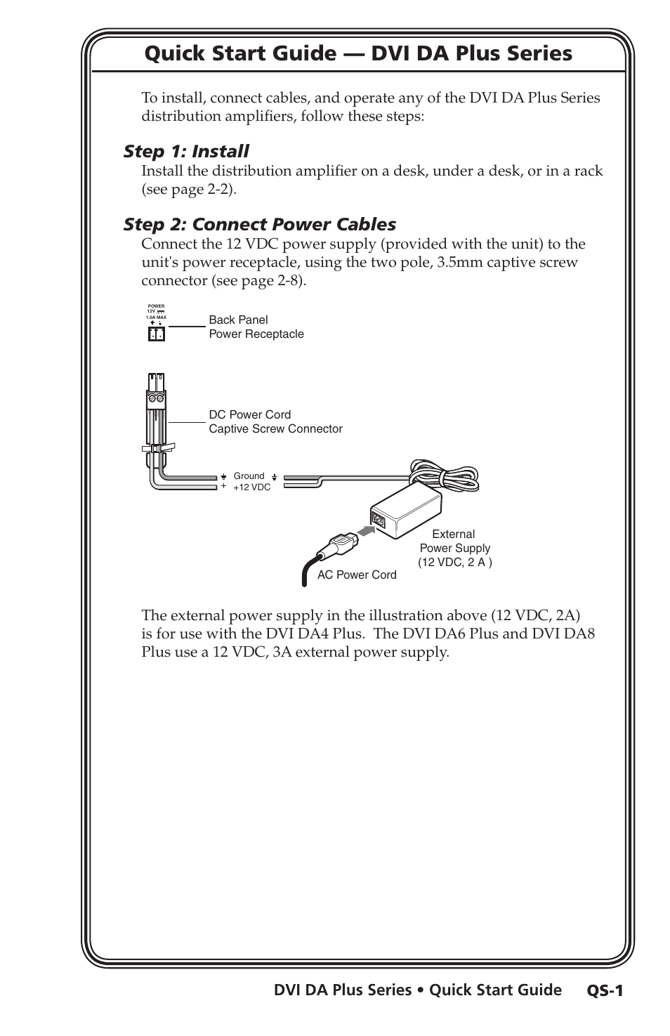 Quick start guide, Quick start guide — dvi da plus series, Step 1: install | Step 2: connect power cables | Extron electronic Distribution Amplifiers DVI DA6 Plus User Manual | Page 5 / 30