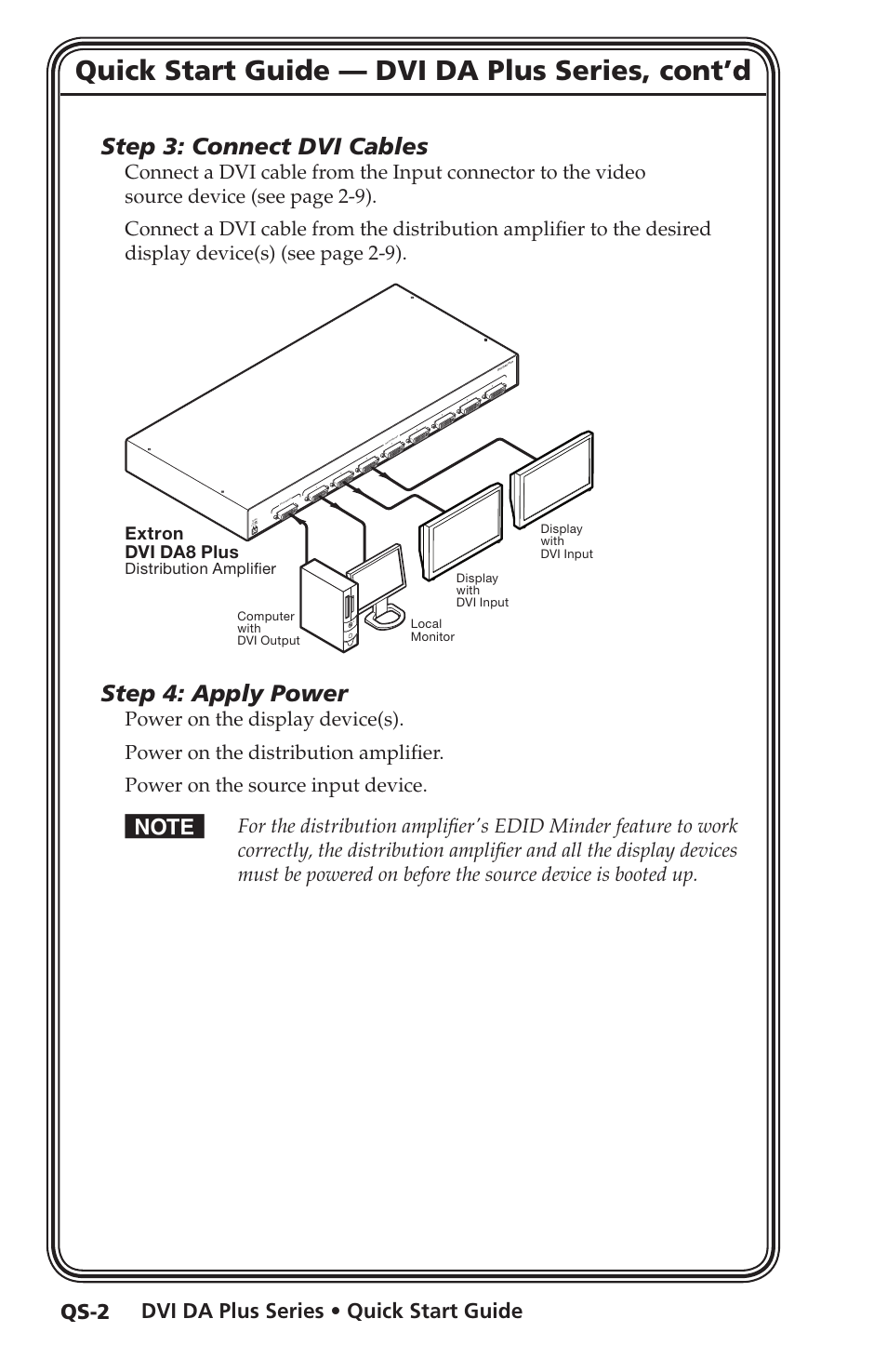 Quick start guide — dvi da plus series, cont’d, Step 3: connect dvi cables, Step 4: apply power | Dvi da plus series • quick start guide, Qs-2, Extron dvi da8 plus | Extron electronic Distribution Amplifiers DVI DA6 Plus User Manual | Page 6 / 30