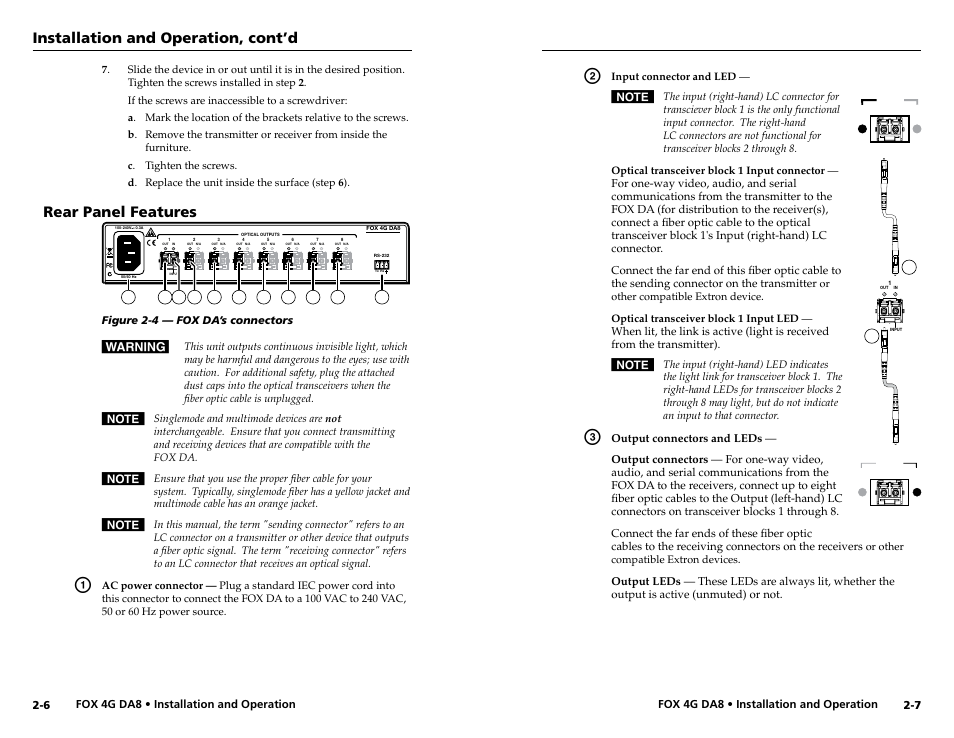 Rear panel features, Installation and operation, cont’d | Extron electronic Fiber Optics Fox 4G DA8 User Manual | Page 10 / 22