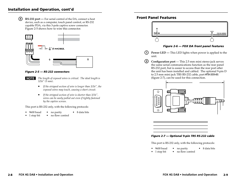 Front panel features, Installation and operation, cont’d | Extron electronic Fiber Optics Fox 4G DA8 User Manual | Page 11 / 22