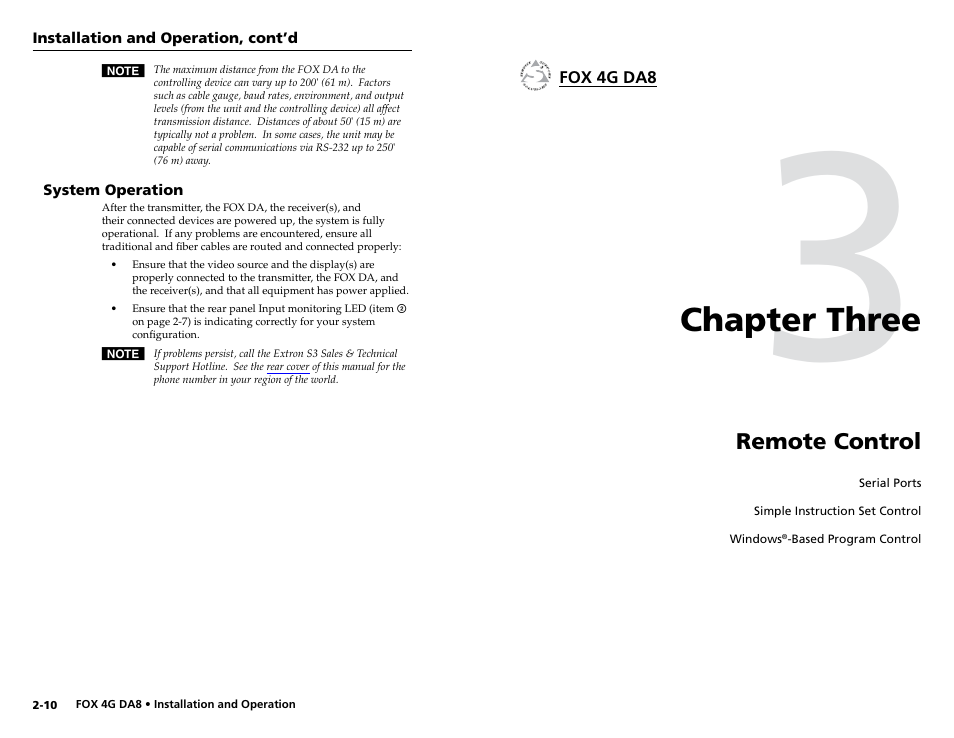 System operation, Chapter 3 • remote control, Chapter three | Remote control, Chapter three • remote control | Extron electronic Fiber Optics Fox 4G DA8 User Manual | Page 12 / 22