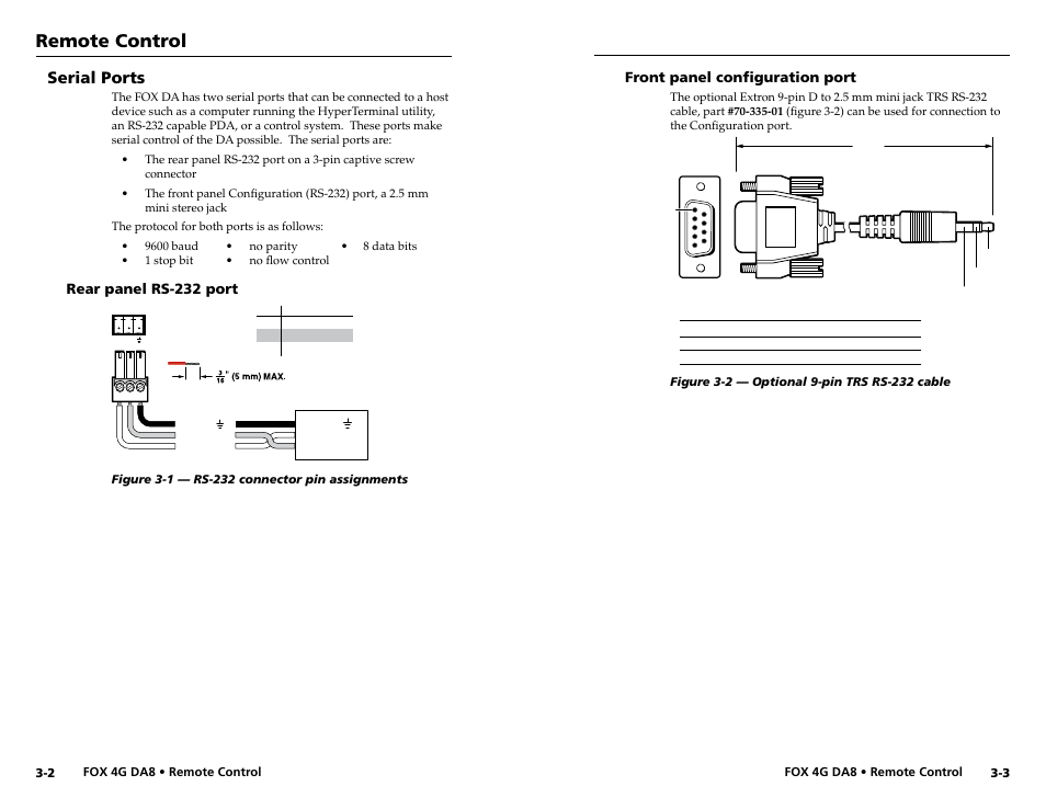 Serial ports, Rear panel rs-232 port, Front panel configuration port | Remote control | Extron electronic Fiber Optics Fox 4G DA8 User Manual | Page 13 / 22