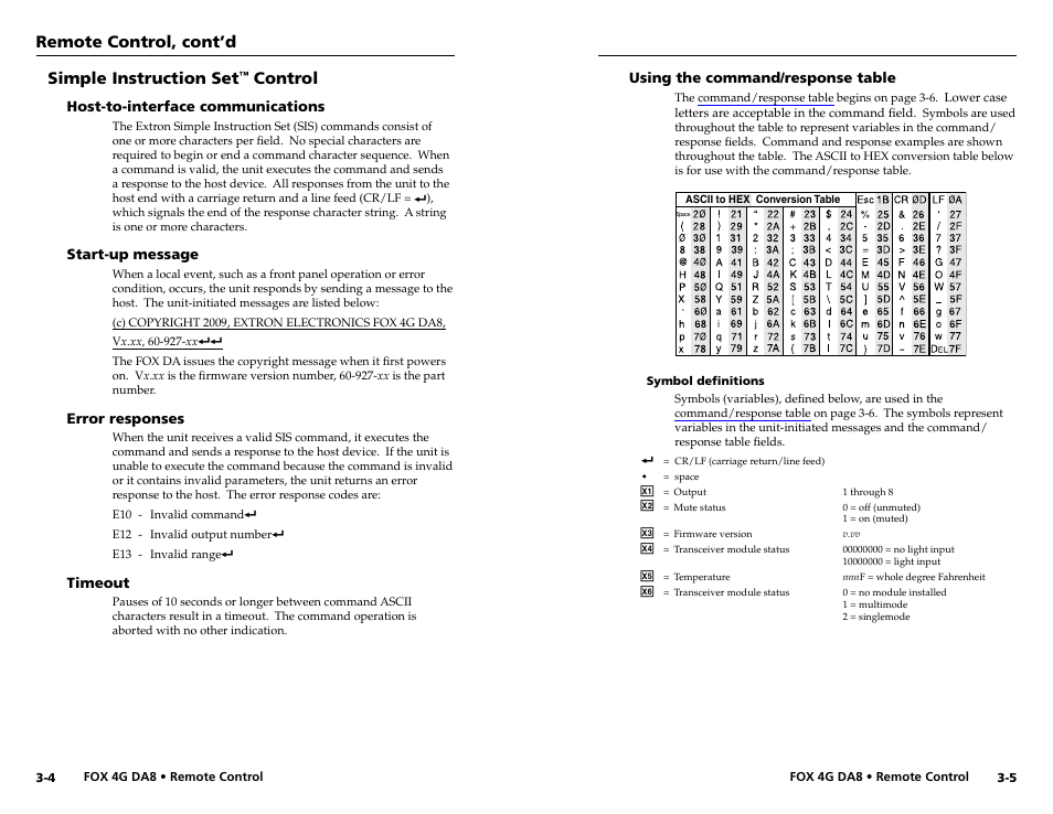 Simple instruction set™ control, Host-to-interface communications, Start-up message | Error responses, Timeout, Using the command/response table, Symbol definitions, Simple instruction set, Control, Symbol definitions -5 | Extron electronic Fiber Optics Fox 4G DA8 User Manual | Page 14 / 22