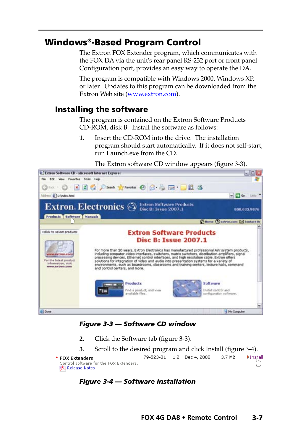 Windows®-based program control, Installing the software, Starting the program | Windows, Based program control, Installing the software -7 starting the program -7 | Extron electronic Fiber Optics Fox 4G DA8 User Manual | Page 16 / 22