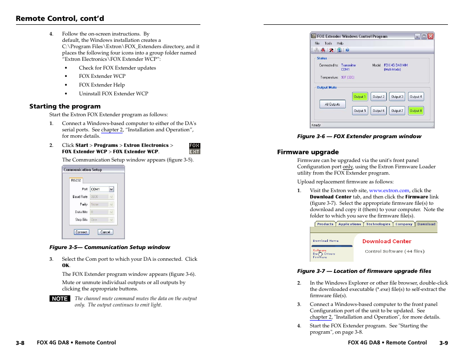 Firmware upgrade, Firmware upgrade -8, Remote control, cont’d | Extron electronic Fiber Optics Fox 4G DA8 User Manual | Page 17 / 22