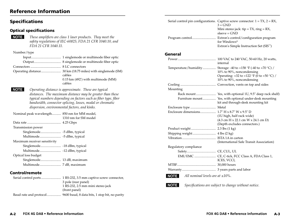 Part numbers, Fox 4g da8 part numbers, Included parts | Optional accessories, Compatible equipment, Reference information, Specifications | Extron electronic Fiber Optics Fox 4G DA8 User Manual | Page 20 / 22