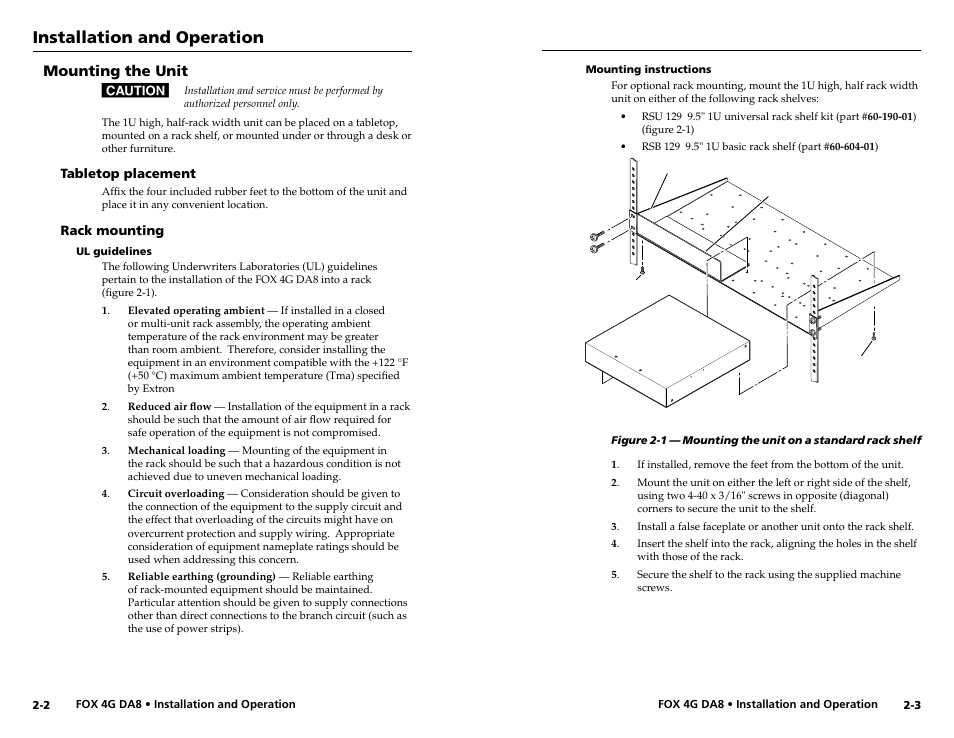 Mounting the unit, Tabletop placement, Rack mounting | Ul guidelines, Mounting instructions, Tabletop placement -2 rack mounting -2, Ul guidelines -2 mounting instructions -3, Installation and operation | Extron electronic Fiber Optics Fox 4G DA8 User Manual | Page 8 / 22