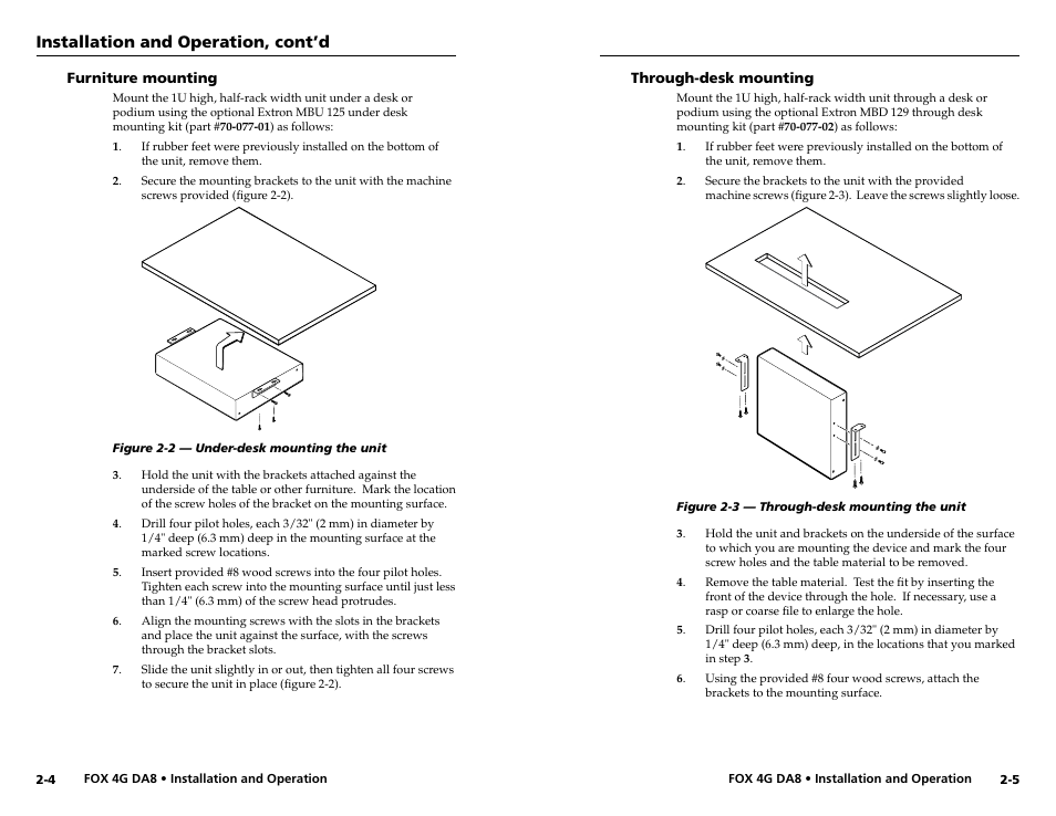 Furniture mounting, Through-desk mounting, Furniture mounting -4 through-desk mounting -5 | Installation and operation, cont’d | Extron electronic Fiber Optics Fox 4G DA8 User Manual | Page 9 / 22