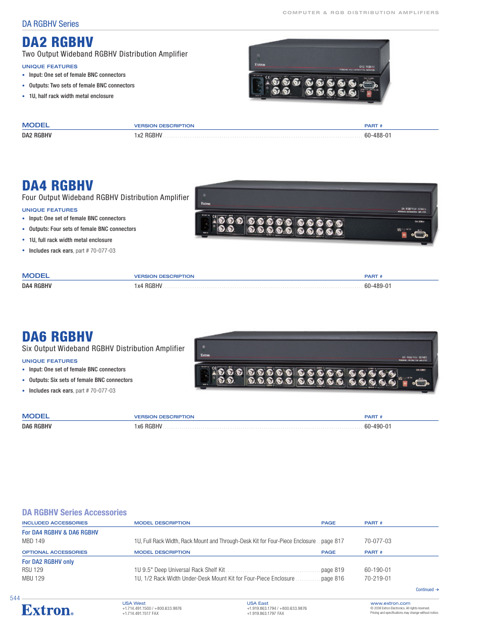 Da2 rgbhv, Da4 rgbhv, Da6 rgbhv | Da rgbhv series, Da rgbhv series accessories, Two output wideband rgbhv distribution amplifier, Four output wideband rgbhv distribution amplifier, Six output wideband rgbhv distribution amplifier | Extron electronic DA RGBHV Series User Manual | Page 2 / 3