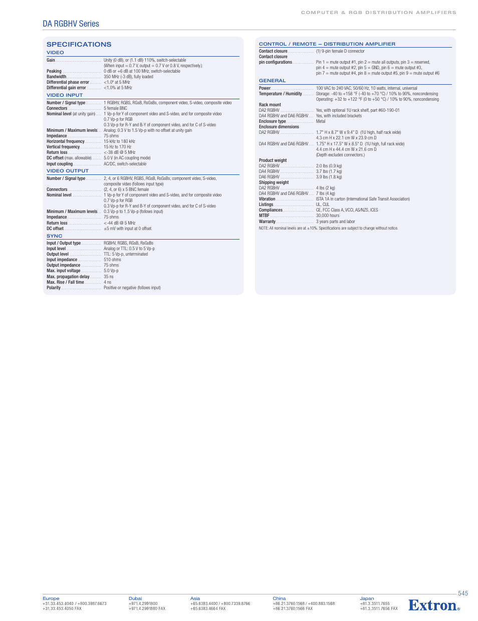 Da rgbhv series, Specifications | Extron electronic DA RGBHV Series User Manual | Page 3 / 3