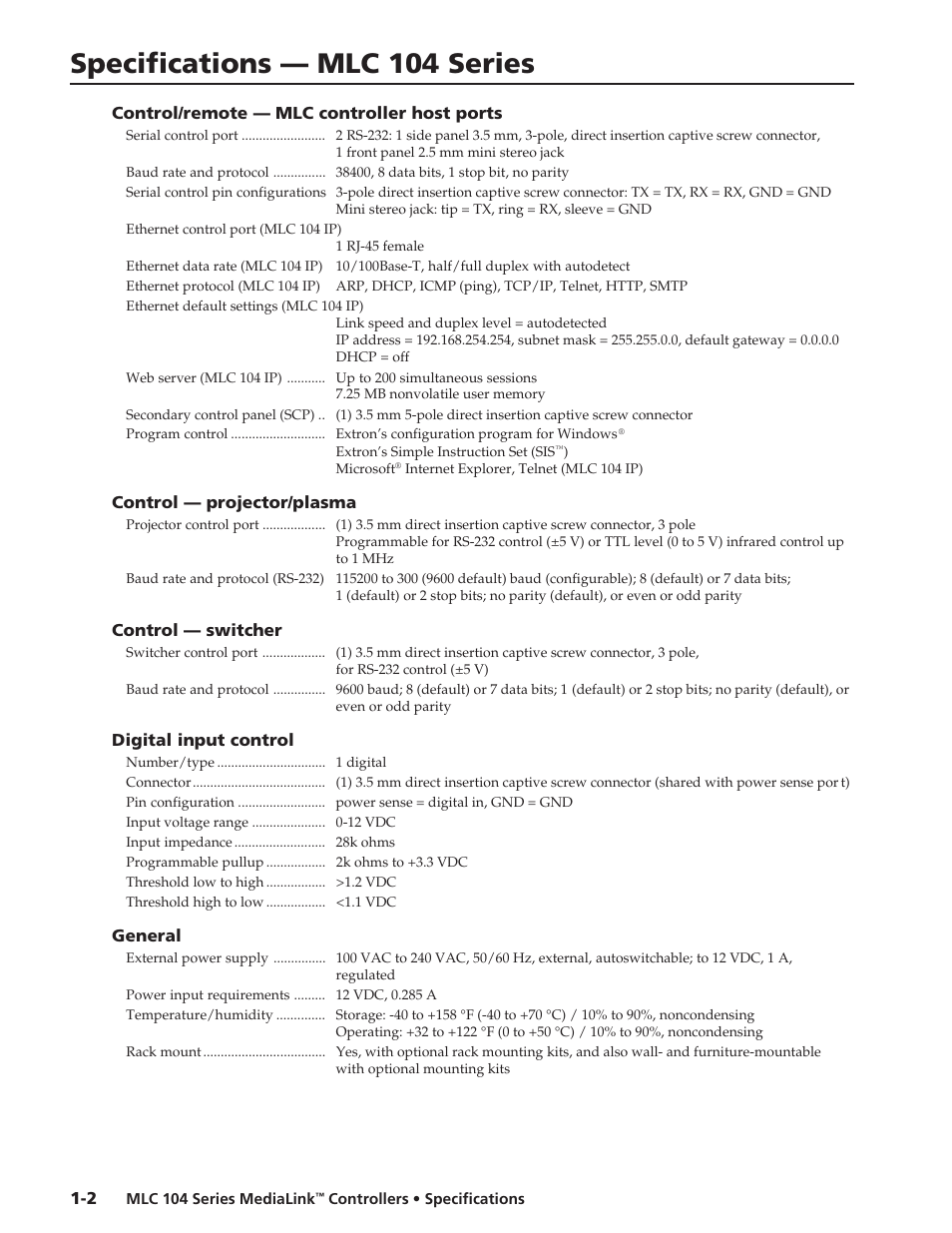 Extron electronic MediaLink Controllers MLC 104 Series User Manual | 2 pages