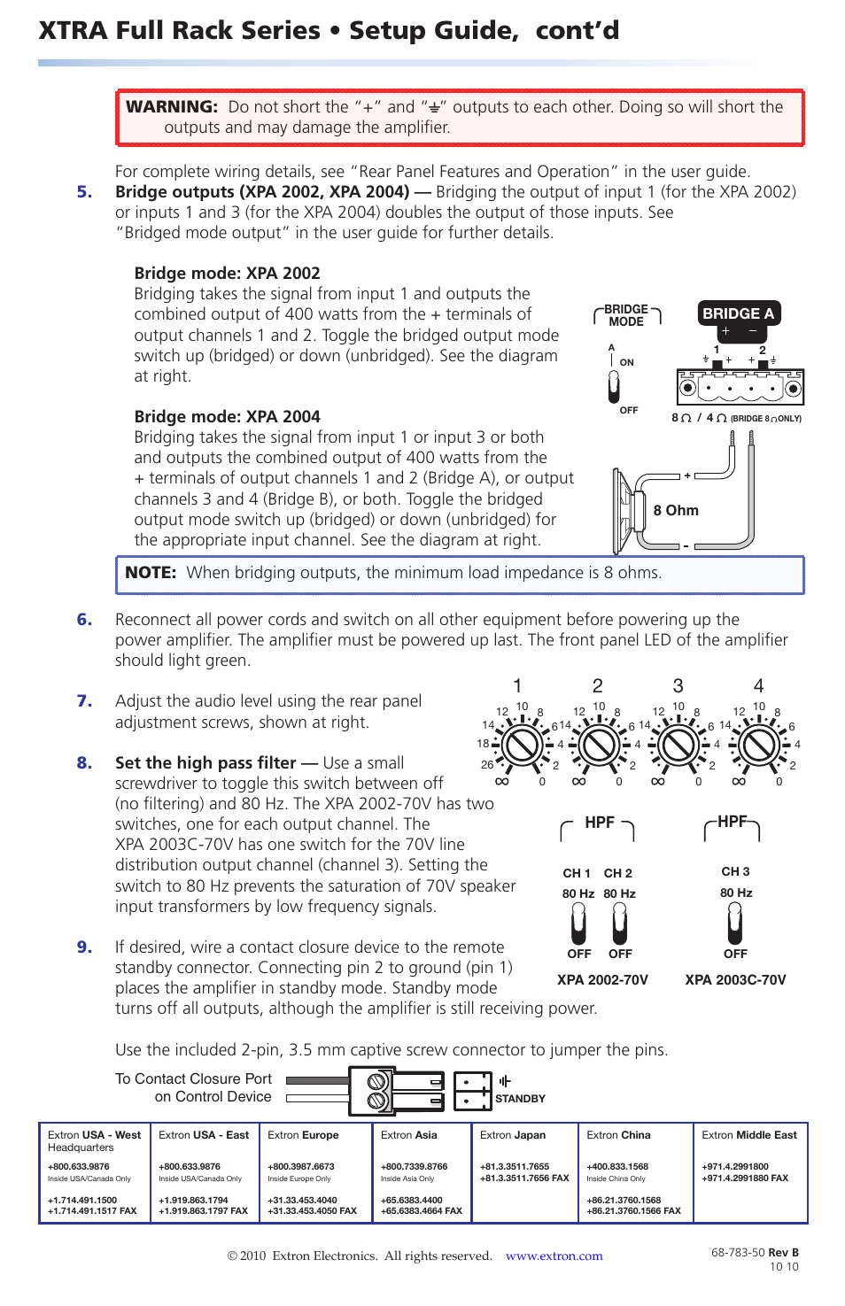 Xtra full rack series • setup guide, cont’d, Level | Extron electronic XTRA FULL RACK XPA 2003C-70V User Manual | Page 2 / 2