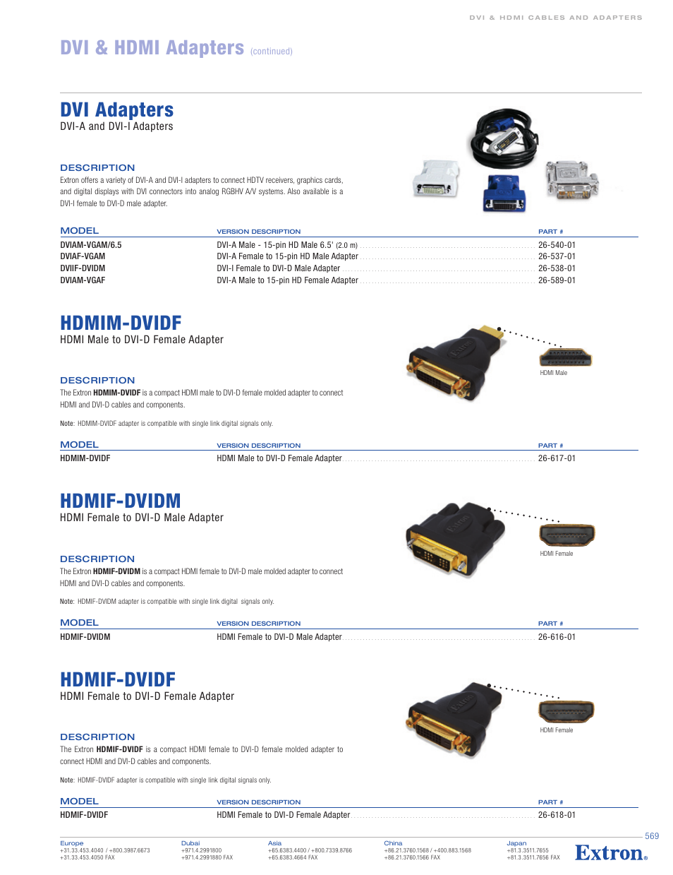 Dvi & hdmi adapters, Dvi adapters, Hdmim-dvidf | Hdmif-dvidm, Hdmif-dvidf, Dvi-a and dvi-i adapters, Hdmi male to dvi-d female adapter, Hdmi female to dvi-d male adapter, Hdmi female to dvi-d female adapter | Extron electronic DVIAM-VGAF/DVMF User Manual | Page 2 / 2