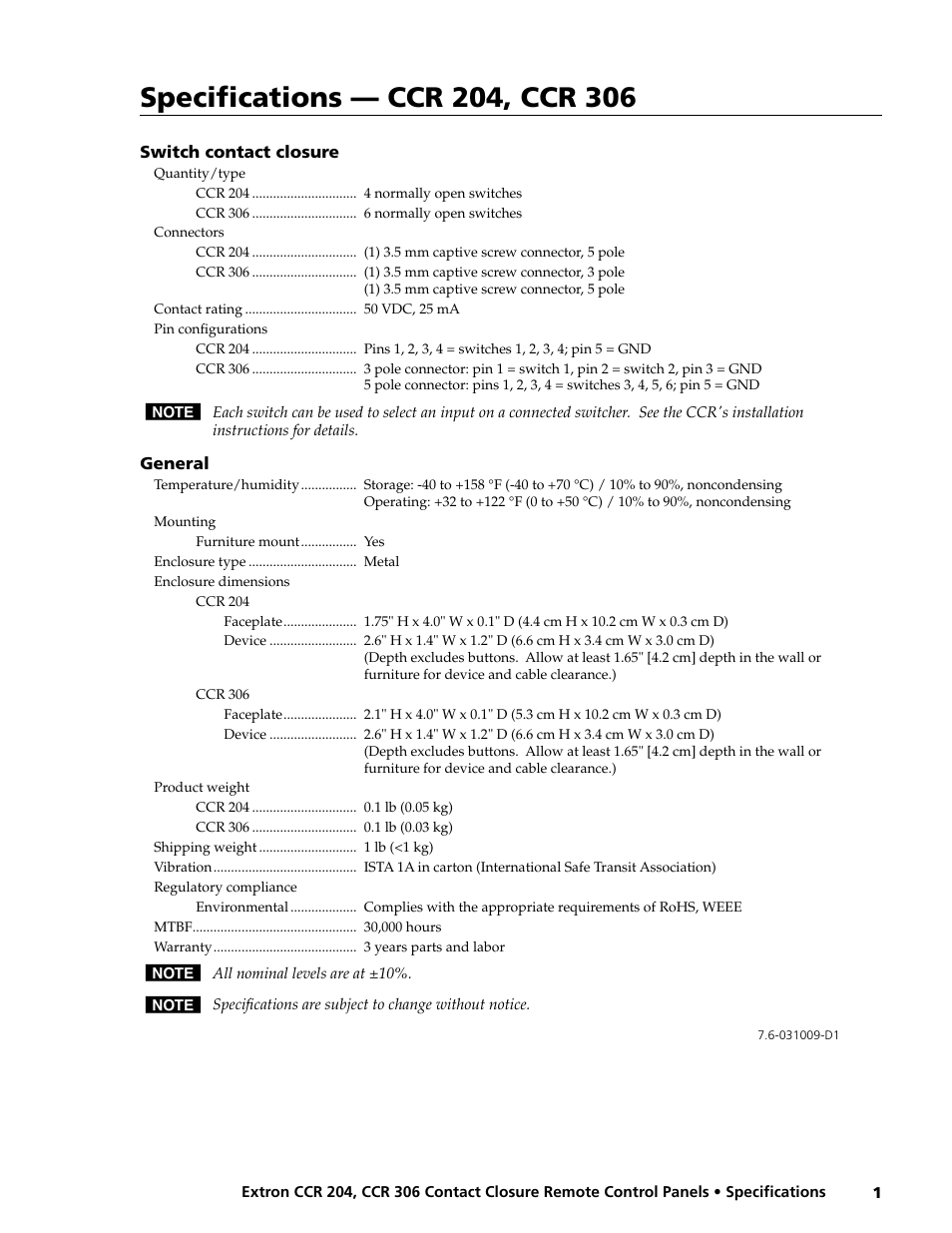 Extron electronic CCR 306 User Manual | 1 page