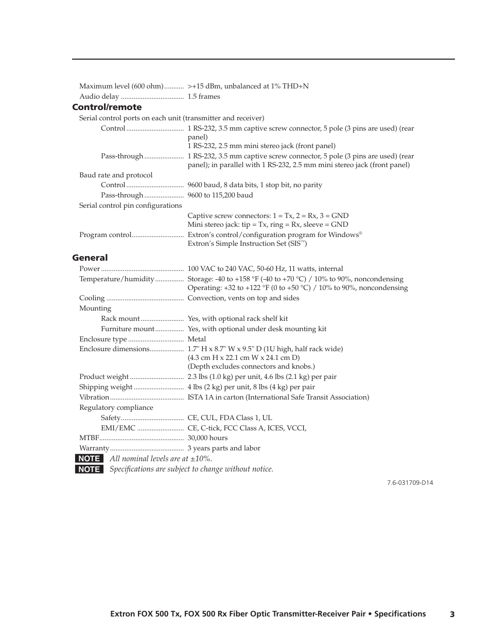 Extron electronic Fiber Optic Transmitter-Receiver Pair FOX 500 Rx User Manual | Page 3 / 3