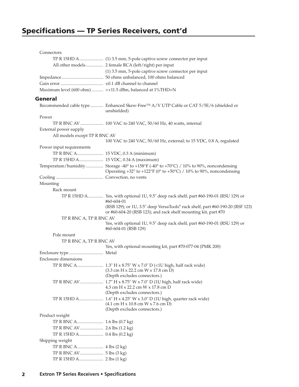 Specifications — tp series receivers, cont’d | Extron electronic Receivers TP Series User Manual | Page 2 / 3