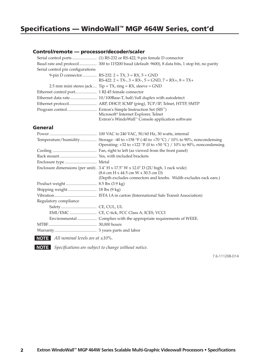 Specifications — windowall, Mgp 464w series, cont’d | Extron electronic Scalable Multi-Graphic Videowall Processors MGP 464W Series User Manual | Page 2 / 2