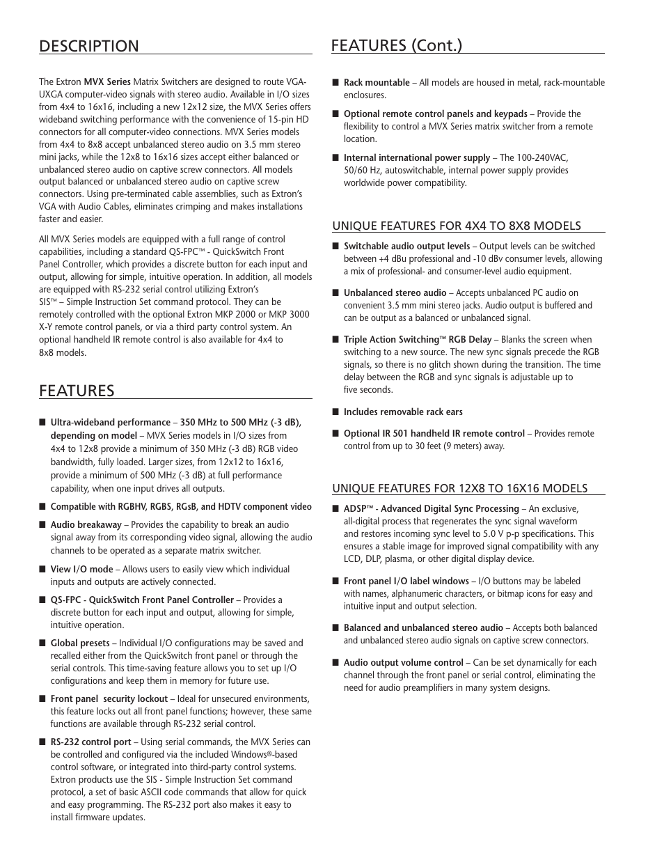 Features (cont.) description, Features | Extron electronic MVX 1616 VGA A User Manual | Page 2 / 4