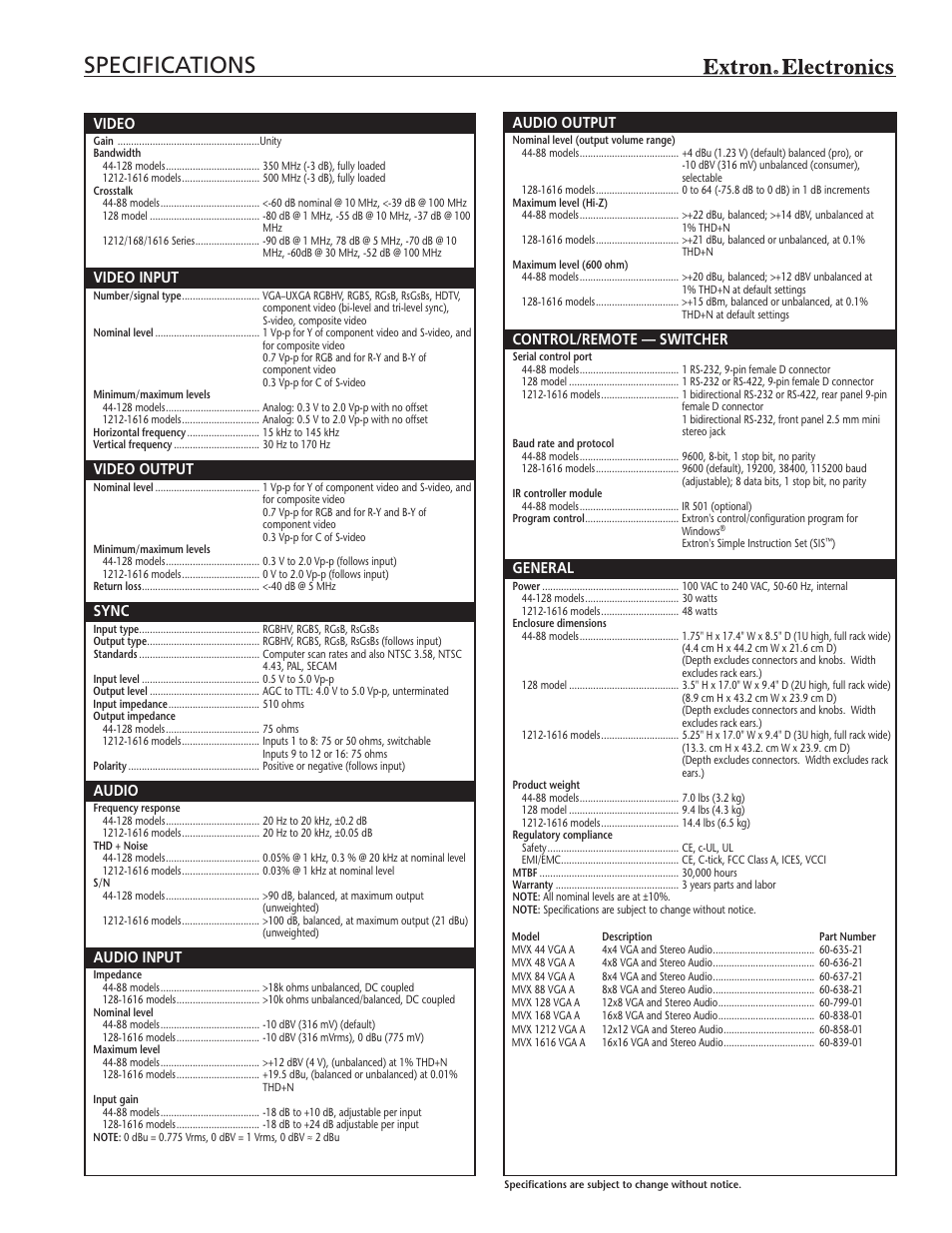 Specifications, Video, Video input | Video output, Sync, Audio, Audio input, Audio output, Control/remote — switcher, General | Extron electronic MVX 1616 VGA A User Manual | Page 3 / 4