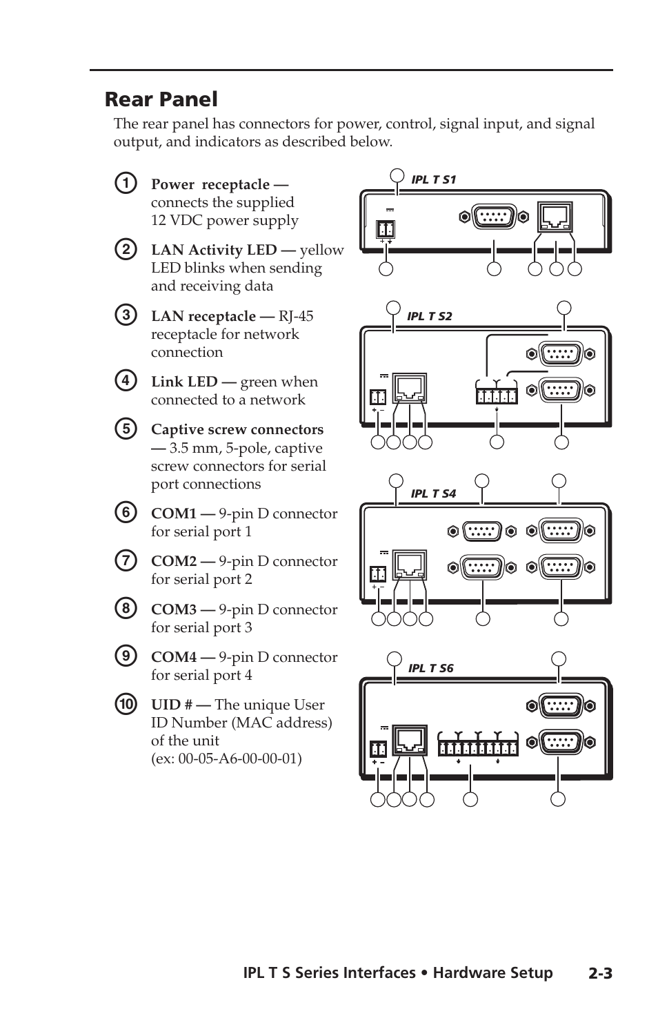 Rear panel, Ipl t s series interfaces • hardware setup, Link led — green when connected to a network | Com1 — 9-pin d connector for serial port 1, Com2 — 9-pin d connector for serial port 2, Com3 — 9-pin d connector for serial port 3, Com4 — 9-pin d connector for serial port 4 | Extron electronic Extron IPL T S4 User Manual | Page 15 / 45
