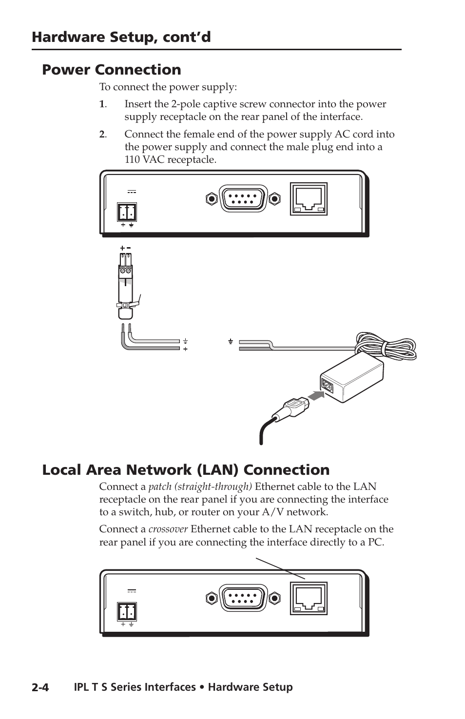 Power connection, Local area network (lan) connection, Hardware setup, cont’d | Ipl t s series interfaces • hardware setup | Extron electronic Extron IPL T S4 User Manual | Page 16 / 45