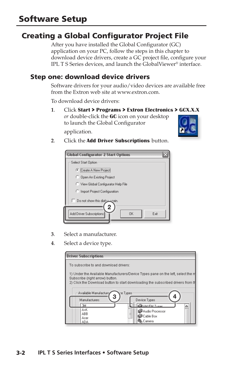 Creating a global configurator project file, Step one: download device drivers, Step one: download device drivers -2 | Software setup | Extron electronic Extron IPL T S4 User Manual | Page 22 / 45