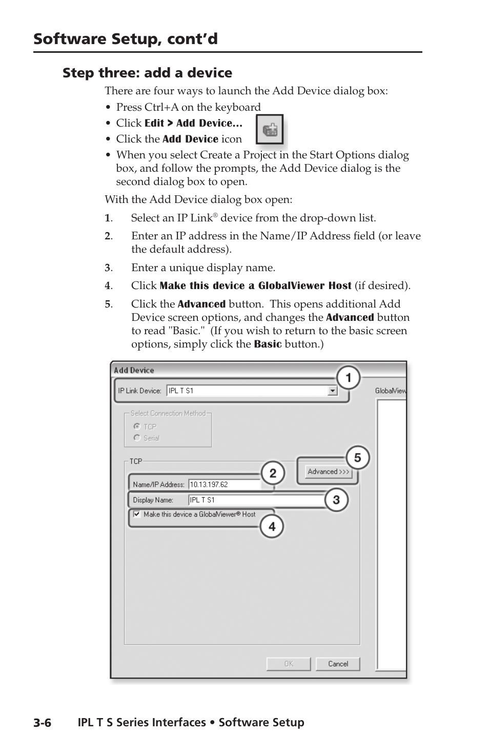 Step three: add a device, Step three: add a device -6, Software setup, cont’d | Extron electronic Extron IPL T S4 User Manual | Page 26 / 45