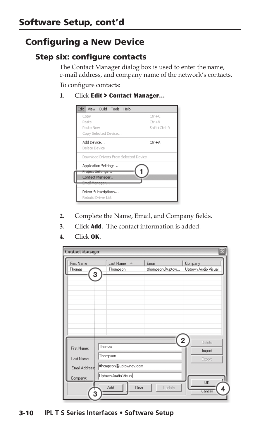 Configuring a new device, Step six: configure contacts, Step six: configure contacts -10 | Software setup, cont’d | Extron electronic Extron IPL T S4 User Manual | Page 30 / 45